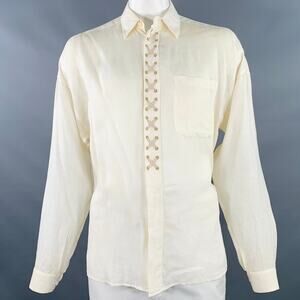 BYBLOS Size L Cream Gold Embroidery Linen One Pocket Long Sleeve Shirt